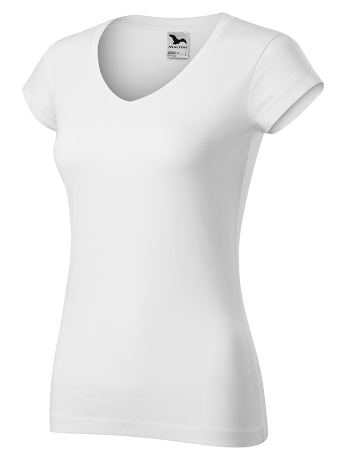 Бяла Дамска тениска V neck Malfini с печат по поръчка